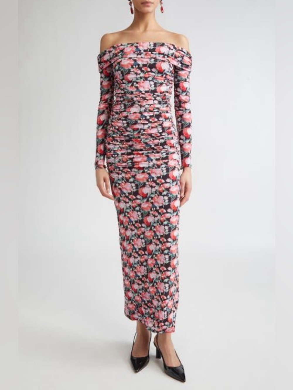 Carolina Herrera Peony Print Ruched Long Sleeve Off the Shoulder Jersey Dress XS